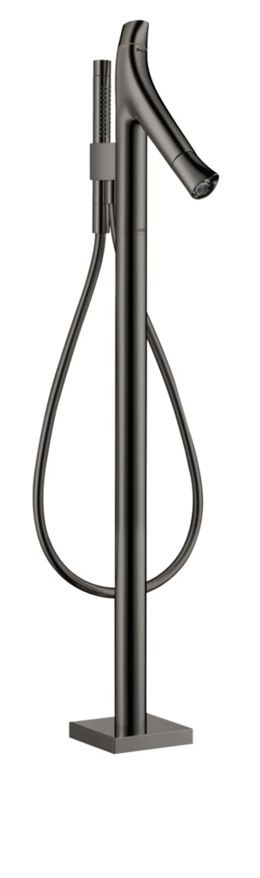 Bodenstehender Thermostat für eine Badewanne in Polished Black Chrome von AXOR mit einem schlichten, geraden Design und einem flexiblen Duschschlauch, montiert auf stabiler Basis.